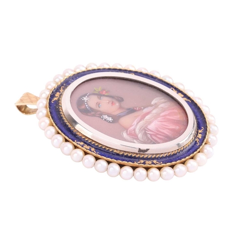 38 - A seed pearl and enamel portrait miniature pendant-cum-brooch, depicting a portrait of a lady in a p... 