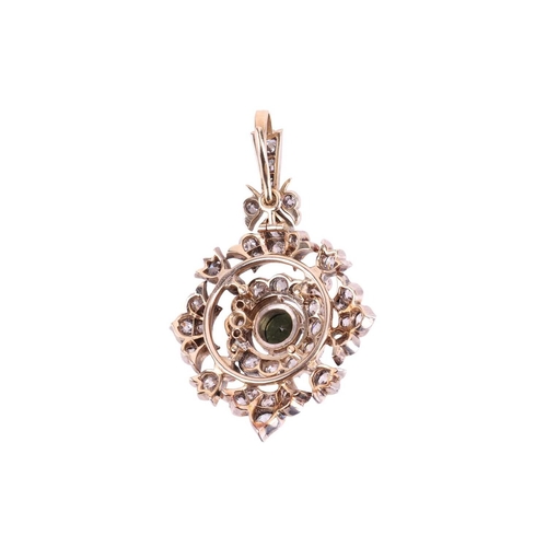 56 - An Edwardian diamond and tourmaline guirlande pendant, with a round centrally-set dark green tourmal... 