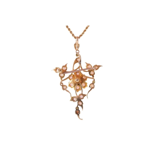 60 - An opal-set floral brooch cum pendant on chain, the openwork mount centred with a flowerhead cluster... 