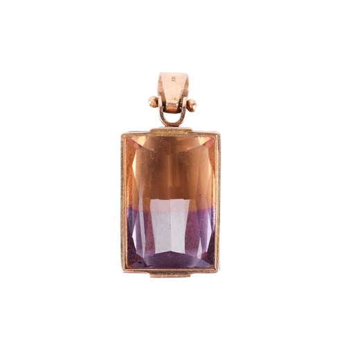 65 - An ametrine pendant, featuring a faceted ametrine measuring approximately 23mm x 16.5mm, in a geomet... 