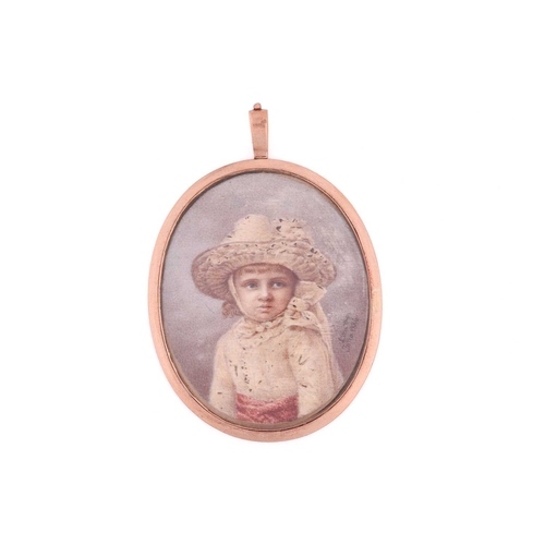 7 - A portrait miniature pendant, depicting a 19th-century young girl wearing a white bonnet and dress w... 