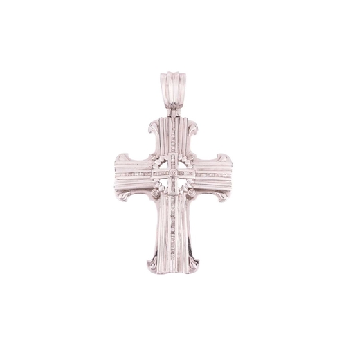 77 - A diamond-set cross pendant in 14ct white gold, of stepped design, channel-set calibre-cut diamonds ... 