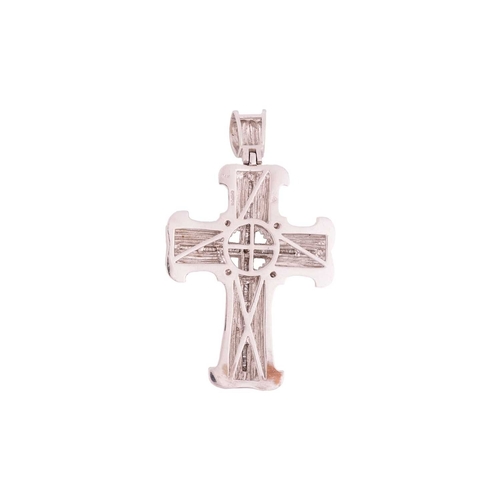 77 - A diamond-set cross pendant in 14ct white gold, of stepped design, channel-set calibre-cut diamonds ... 