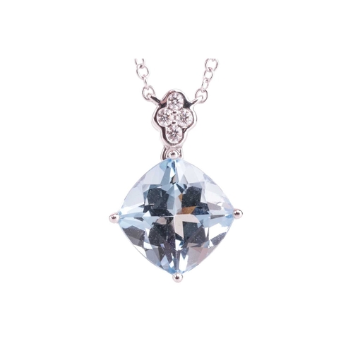 80 - An aquamarine and diamond necklace, featuring a cushion cut aquamarine with an estimated weight of 2... 