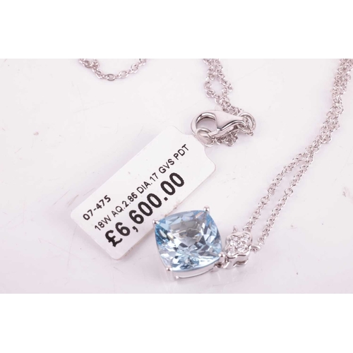 80 - An aquamarine and diamond necklace, featuring a cushion cut aquamarine with an estimated weight of 2... 