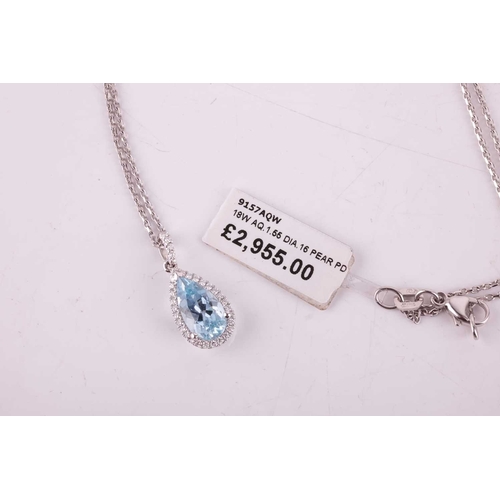 86 - An aquamarine and diamond pendant, featuring a pear cut aquamarine with an estimated weight of 1.55c... 