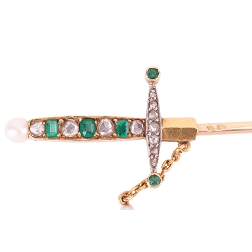 89 - A 19th century French emerald, diamond and seed pearl sword jabot pin, set with emeralds and rose cu... 