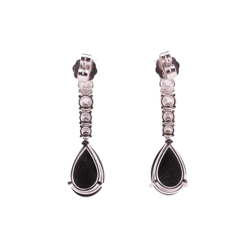 99 - A pair of jet and diamond-set drop earrings, claw-set with five graduated round brilliant diamonds, ... 