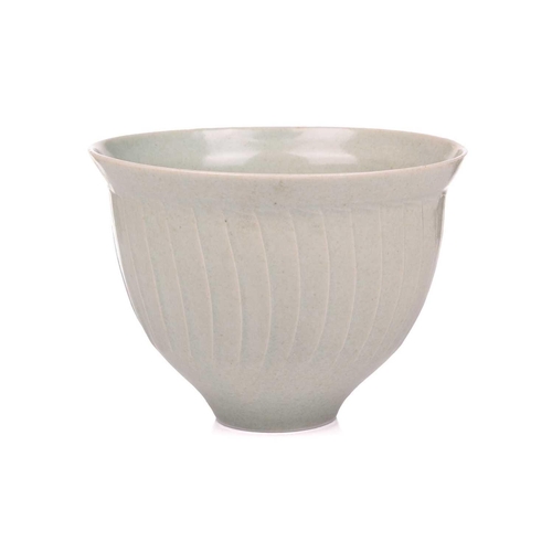 58 - David Leach (1911-2005), a pale celadon green footed bowl, of ribbed design, indistinct impressed ma... 