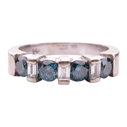 125 - A seven-stone diamond half hoop ring, the alternating baguette-cut white diamonds and treated round ... 