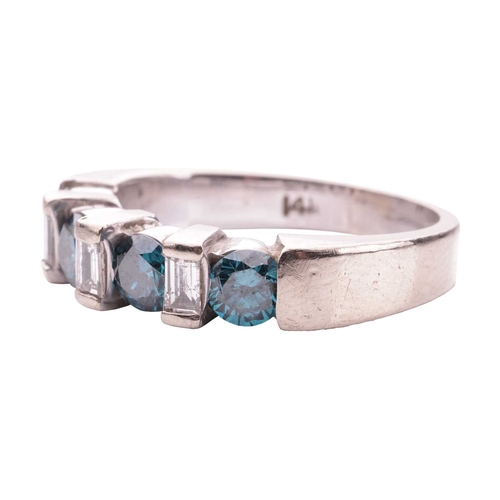 125 - A seven-stone diamond half hoop ring, the alternating baguette-cut white diamonds and treated round ... 