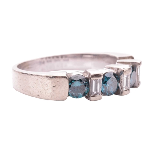 125 - A seven-stone diamond half hoop ring, the alternating baguette-cut white diamonds and treated round ... 