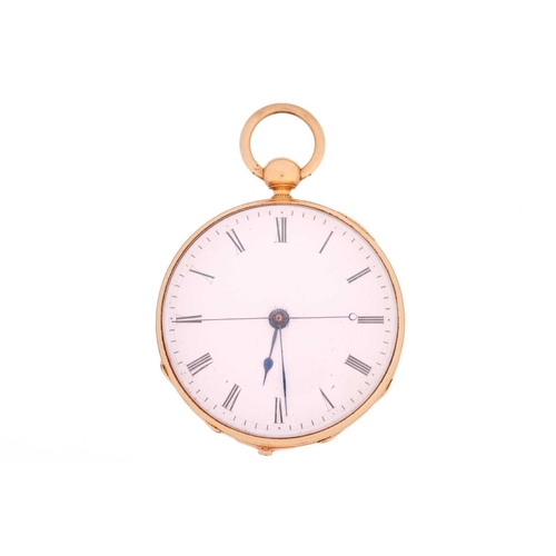 237 - An 18ct yellow gold open-face pocket watch, featuring a key wound movement in an 18ct gold case meas... 