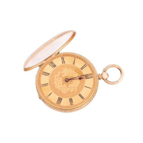 238 - An open-faced pocket watch, gilt dial with Roman numerals against a machine turned background, the r... 