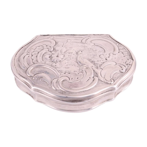 288 - A George II silver snuff box in leather case, by Robert Collier, London 1753, of cartouche shape, hi... 