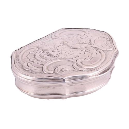 288 - A George II silver snuff box in leather case, by Robert Collier, London 1753, of cartouche shape, hi... 