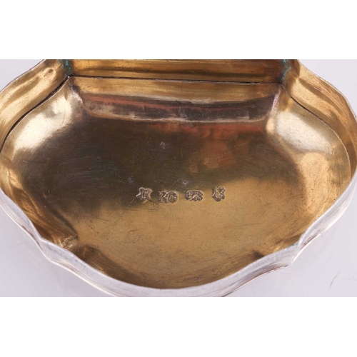 288 - A George II silver snuff box in leather case, by Robert Collier, London 1753, of cartouche shape, hi... 