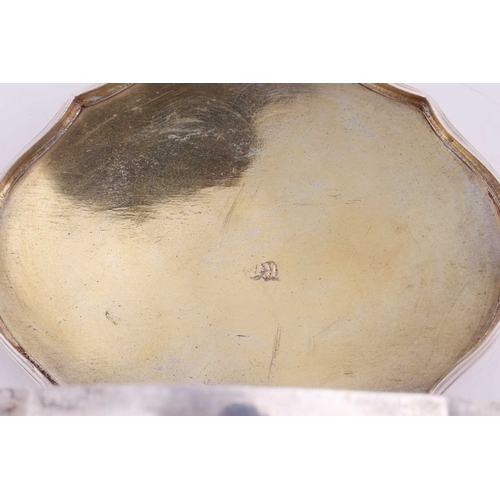 288 - A George II silver snuff box in leather case, by Robert Collier, London 1753, of cartouche shape, hi... 