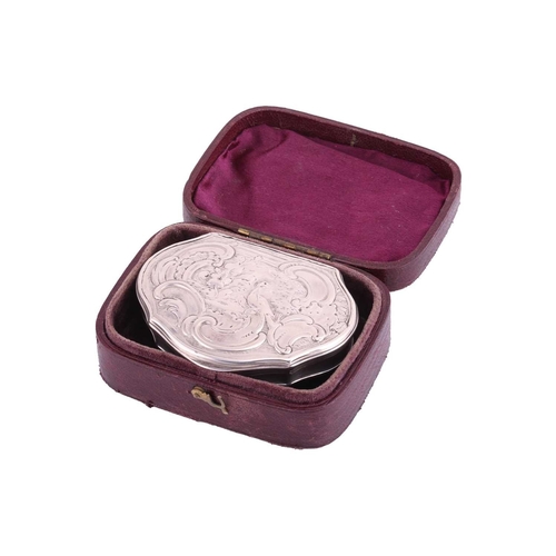 288 - A George II silver snuff box in leather case, by Robert Collier, London 1753, of cartouche shape, hi... 