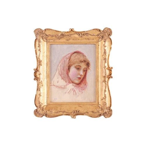102 - Helen Allingham (1848 - 1926), Portrait of a girl in a red headscarf, initialled HA (lower left), wa... 