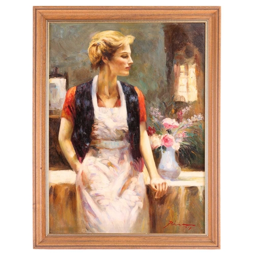 105 - † Giuseppe Dangelico Pino, aka Pino Deani (Italian, 1939 - 2010), Lady by a vase of flowers, signed ... 