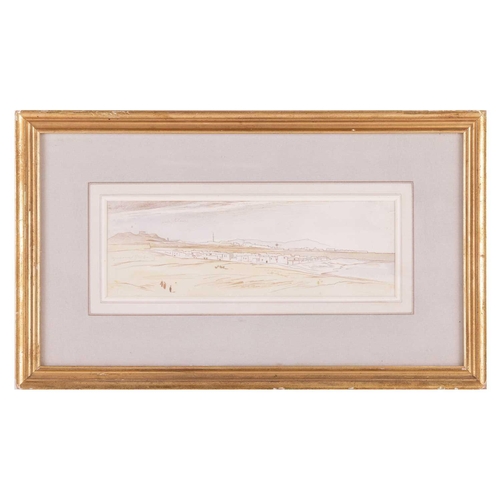 106 - Edward Lear (1812-1888), Middle Eastern landscape, watercolour, pen and ink, 9 cm x 25 cm, framed an... 
