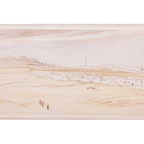 106 - Edward Lear (1812-1888), Middle Eastern landscape, watercolour, pen and ink, 9 cm x 25 cm, framed an... 