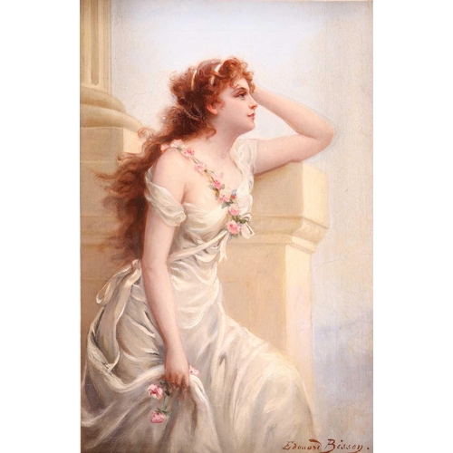 112 - Edouard Bisson (1856-1939) French, pre-raphaelite style portrait of a woman with floral garland, oil... 