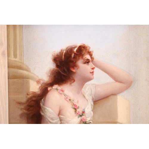 112 - Edouard Bisson (1856-1939) French, pre-raphaelite style portrait of a woman with floral garland, oil... 