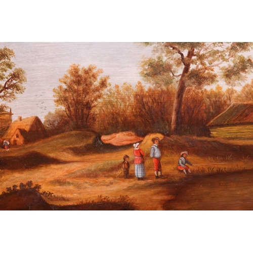 118 - Manner of Pieter Noble, figures beside a lake, oil on panel, 26 x 40cm, framed 41cm x 54cm.