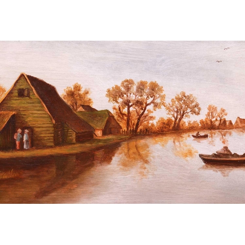 118 - Manner of Pieter Noble, figures beside a lake, oil on panel, 26 x 40cm, framed 41cm x 54cm.