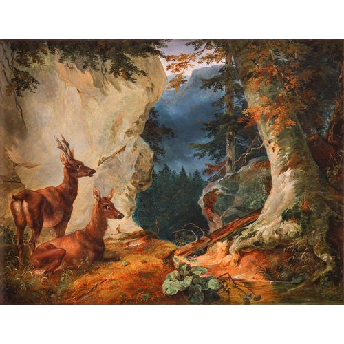 124 - Attributed to Friedrich Gauermann (1807-1862) Austrian, two Roe Deer in a mountain landscape, oil on... 