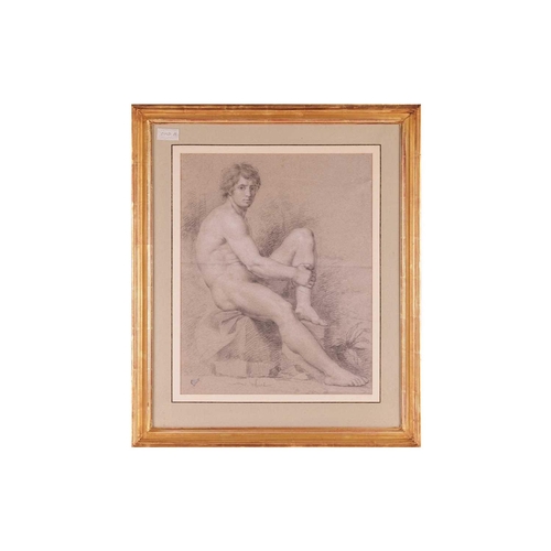 136 - Italian School, 19th century, Seated nude male holding his left shin, black chalk heightened with wh... 