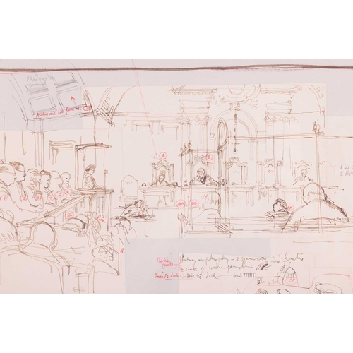 142 - † Ronald Searle (1920-2011), 'Dr Adams Trial, Old Bailey, Court 1', pen, ink, with pencil, on sketch... 