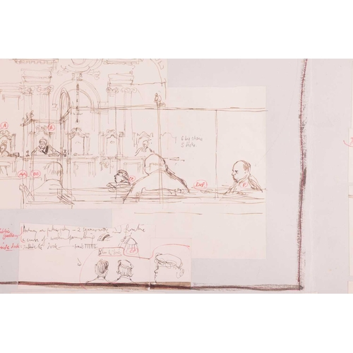 142 - † Ronald Searle (1920-2011), 'Dr Adams Trial, Old Bailey, Court 1', pen, ink, with pencil, on sketch... 