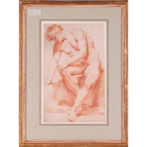 161 - Bolognese School, 17th century, Seated male nude leaning right, red chalk on laid cream paper, 40.5 ... 
