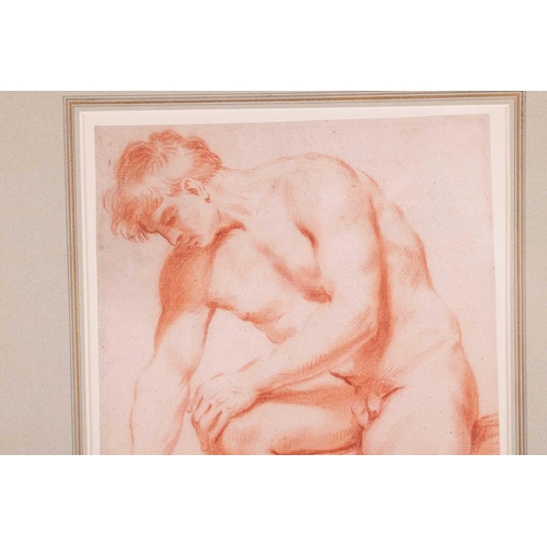 161 - Bolognese School, 17th century, Seated male nude leaning right, red chalk on laid cream paper, 40.5 ... 
