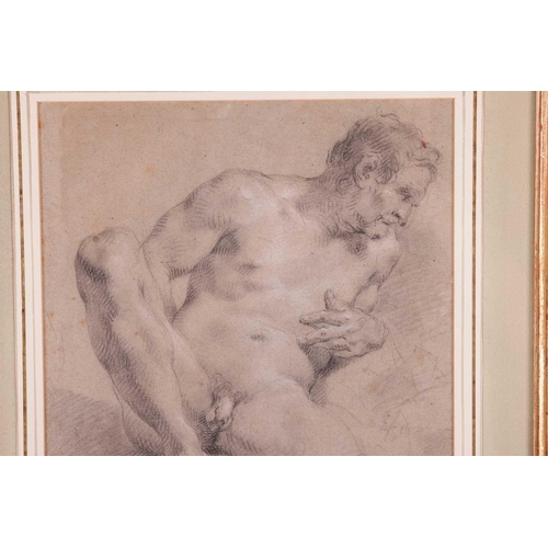 165 - Attributed to Louis de Boulogne (French, 1609 - 1674), Seated male nude leaning left, black chalk he... 