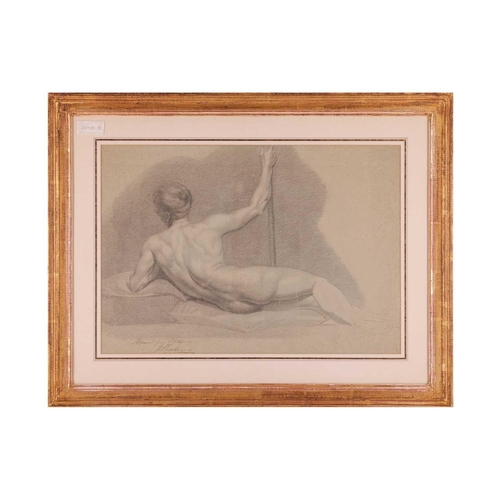 194 - French School, 19th century, A reclining male nude, inscribed and signed 'Approuvé pour L'Antique J ... 