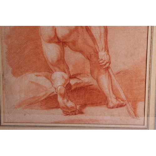 196 - Pierre Chasselat (French, 1753 - 1814), Male nude leaning on a staff, red chalk heightened with whit... 
