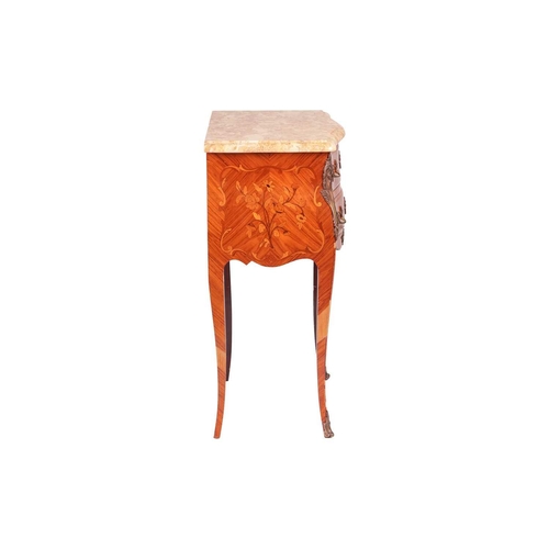 220 - A Louis-style marble-topped Kingwood petite bombe commode, 20th century, with decorative floral marq... 