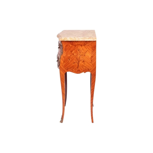 220 - A Louis-style marble-topped Kingwood petite bombe commode, 20th century, with decorative floral marq... 