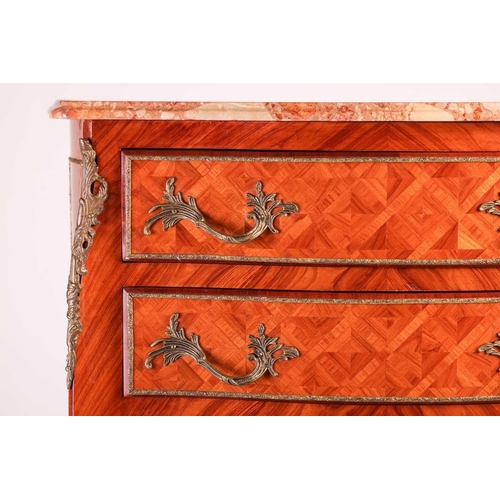 222 - A Louis XV style marble topped semainier chest, 20th century, of serpentine outline, with cubed tuli... 