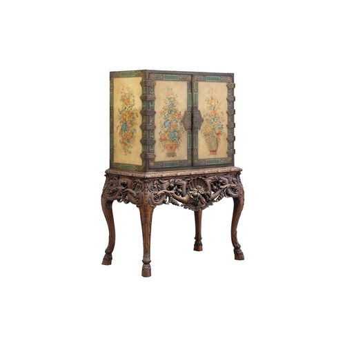 224 - A William III style, ivory and green lacquer cabinet on stand, early 20th century, with deeply carve... 