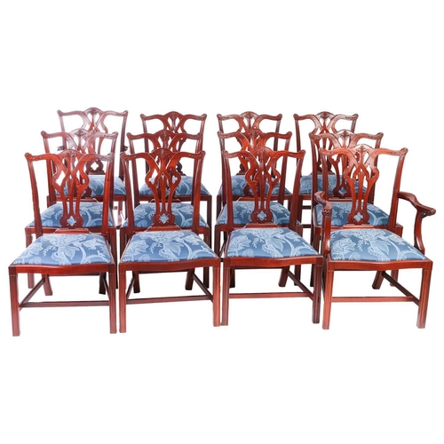 225 - A set of twelve craftsman made Chippendale style solid mahogany ribbon back dining chairs, 20th cent... 