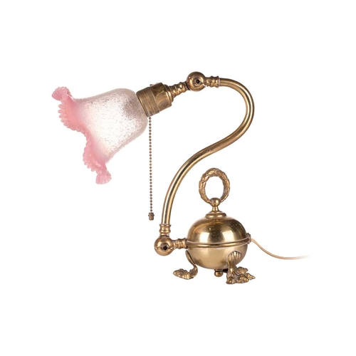 241 - A brass Edwardian pink and vaseline-frilled glass desk lamp, in the manner of W. A. S Benson, conver... 