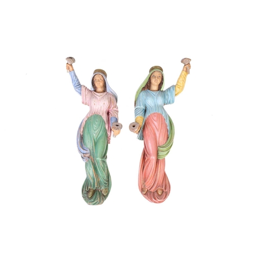 246 - A pair of 19th-century European carved and painted wood figures of scroll bearers in Biblical attire... 