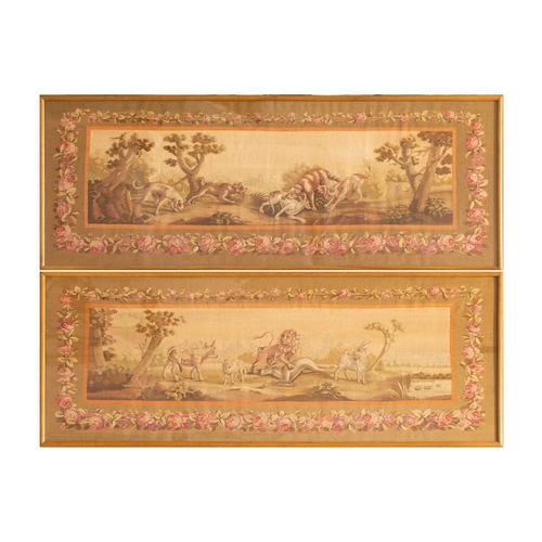 251 - A pair of Aubusson tapestry frieze panels, late 19th/early 20th century, each woven with combative w... 