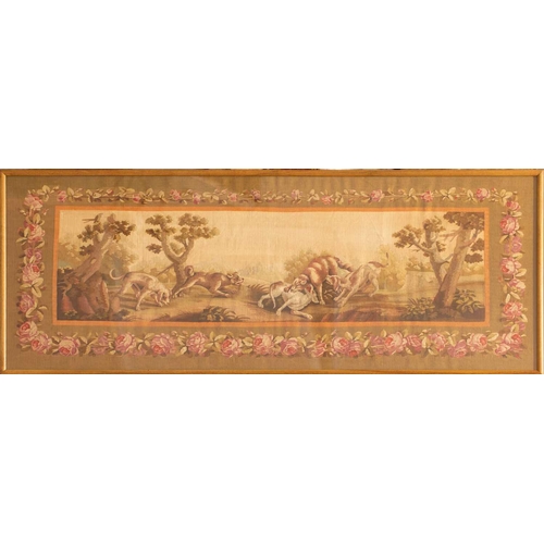 251 - A pair of Aubusson tapestry frieze panels, late 19th/early 20th century, each woven with combative w... 