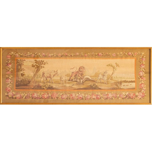 251 - A pair of Aubusson tapestry frieze panels, late 19th/early 20th century, each woven with combative w... 